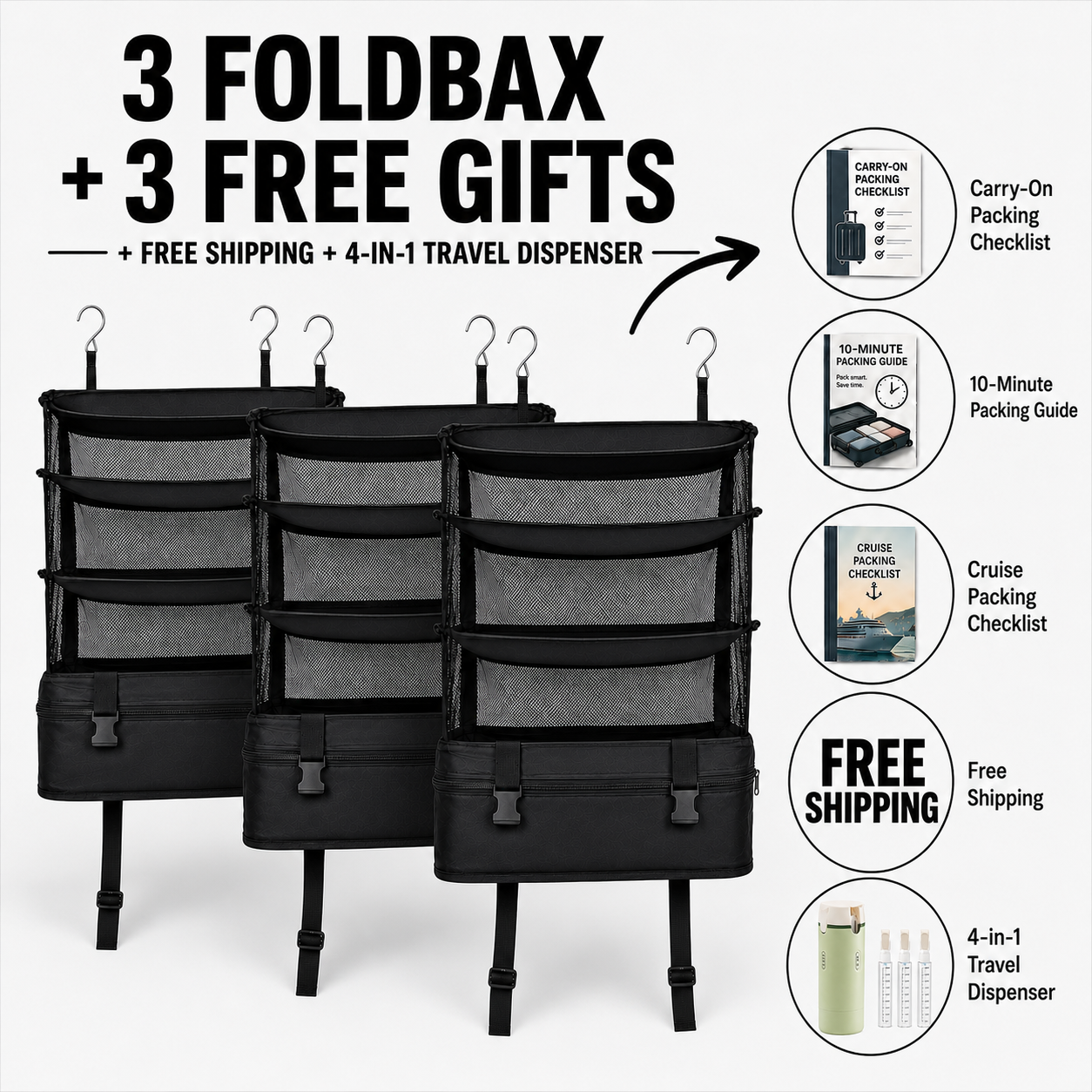 3x Foldbax + FREE SHIPPING + 4 in 1 Travel Dispenser